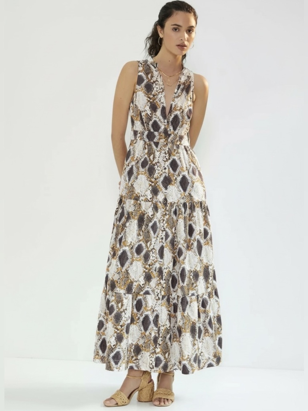 Anthropologie Maeve Snake Printed Maxi Dress
Sz 6P Neutrals Cotton Sleeveless